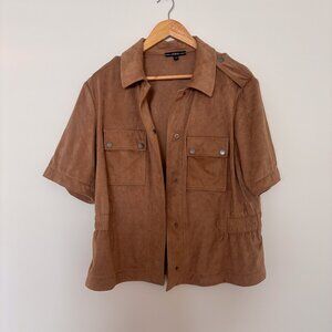 Guess Faux Suede Perforated Shirt Jacket Womens Oversized Tan Utility Shacket